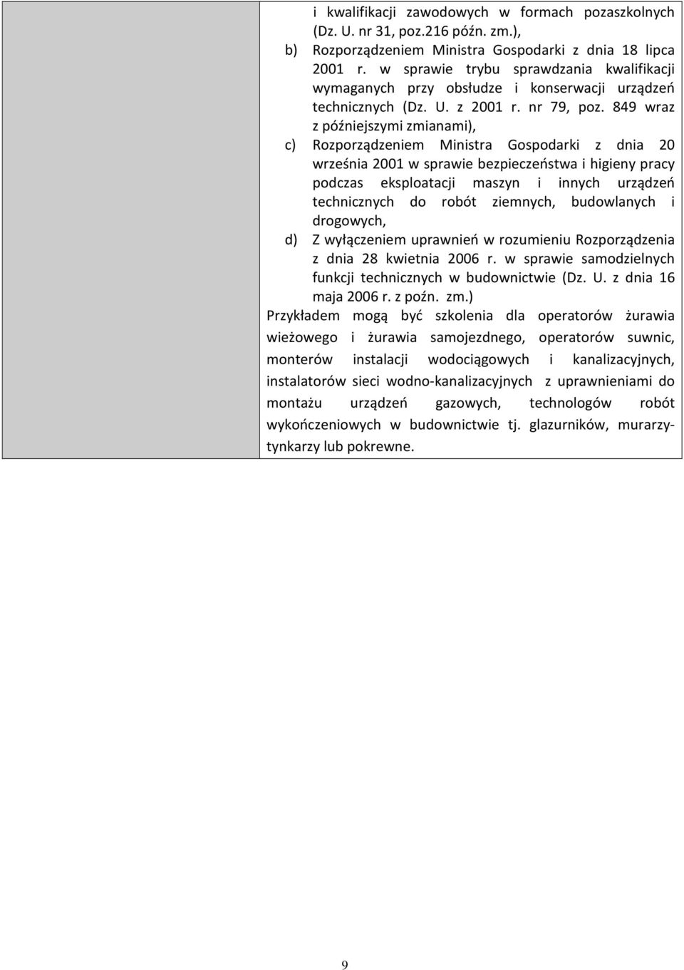 849 wraz z późniejszymi zmianami), c) Rozporządzeniem Ministra Gospodarki z dnia 20 września 2001 w sprawie bezpieczeństwa i higieny pracy podczas eksploatacji maszyn i innych urządzeń technicznych