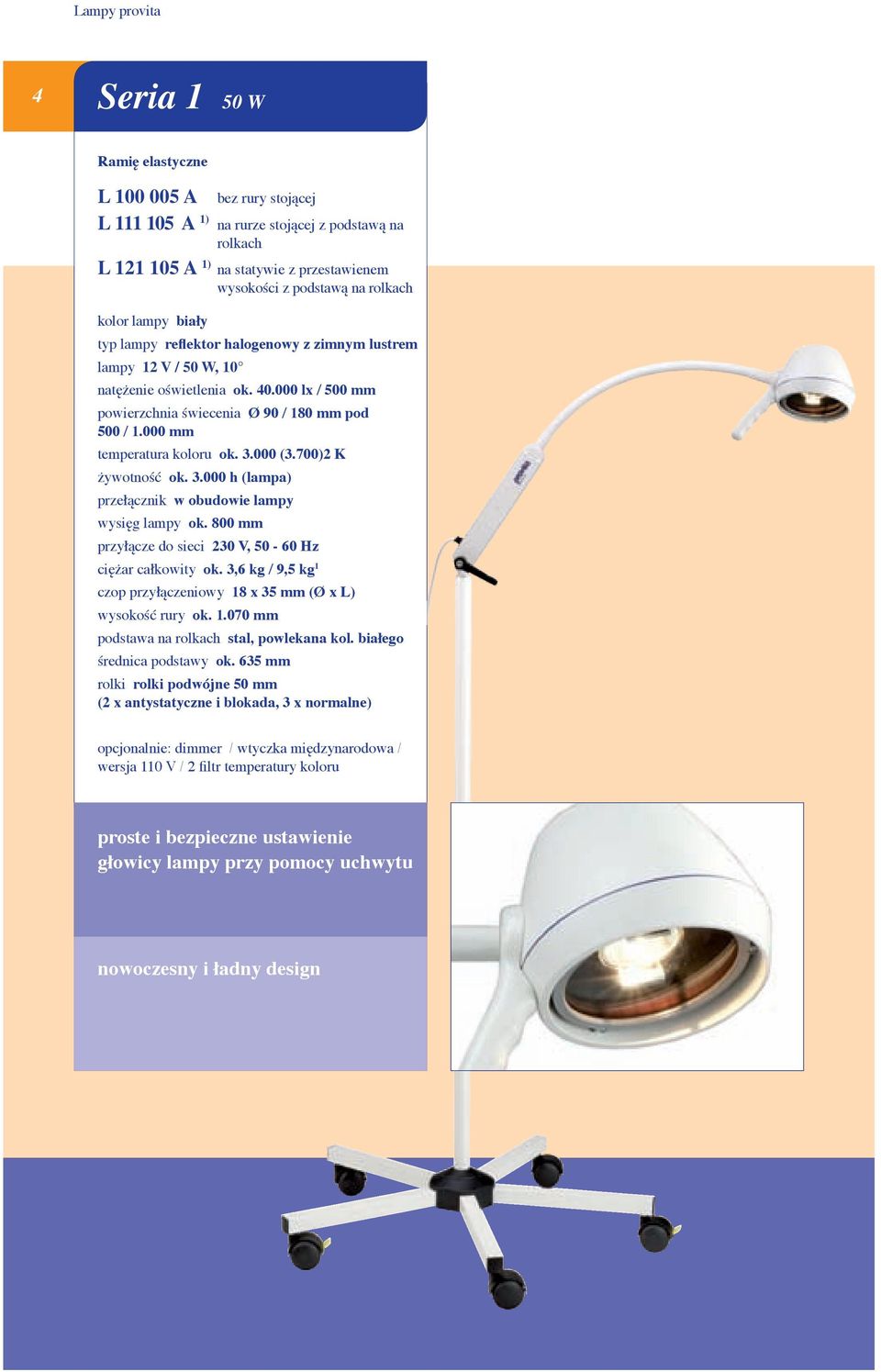 000 mm temperatura koloru ok. 3.000 (3.700)2 K żywotność ok. 3.000 h (lampa) przełącznik w obudowie lampy wysięg lampy ok. 800 mm przyłącze do sieci 230 V, 50-60 Hz ciężar całkowity ok.