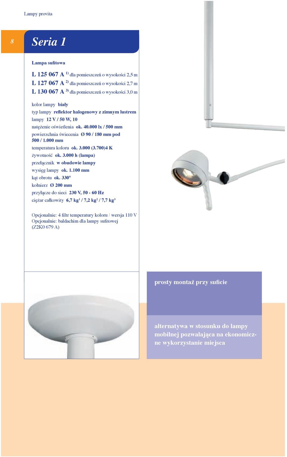 3.000 (3.700)4 K żywotność ok. 3.000 h (lampa) przełącznik w obudowie lampy wysięg lampy ok. 1.100 mm kąt obrotu ok.