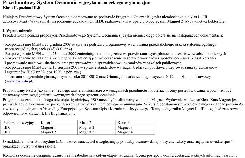 0, realizowanym w oparciu o podręcznik Magnet 2 Wydawnictwa LektorKlett I.