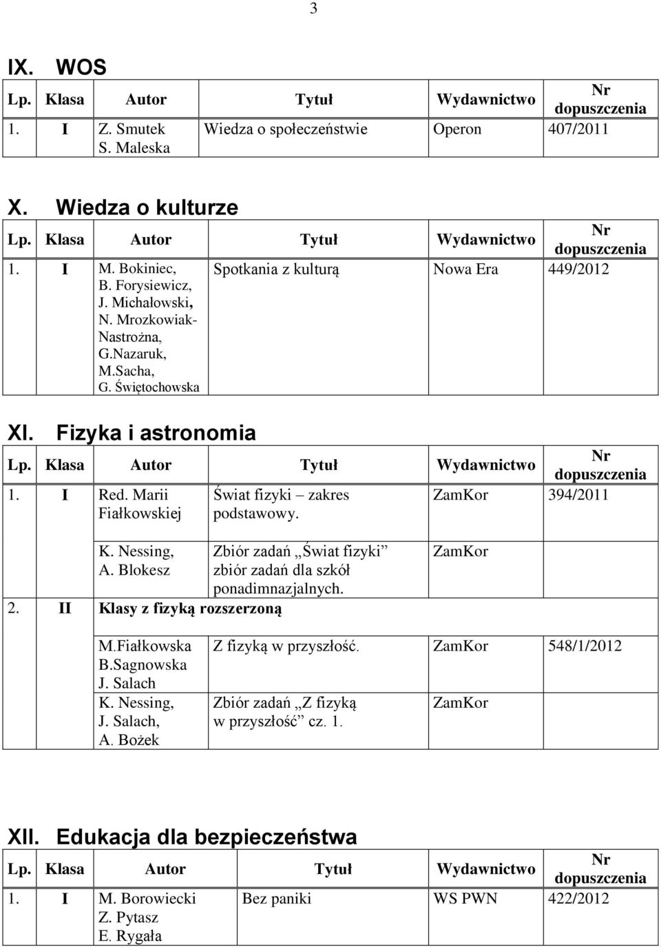 Nessing, A. Blokesz 2. II Klasy z fizyką rozszerzoną Zbiór zadań Świat fizyki zbiór zadań dla szkół ponadimnazjalnych. ZamKor M.Fiałkowska B.Sagnowska J. Salach K. Nessing, J.