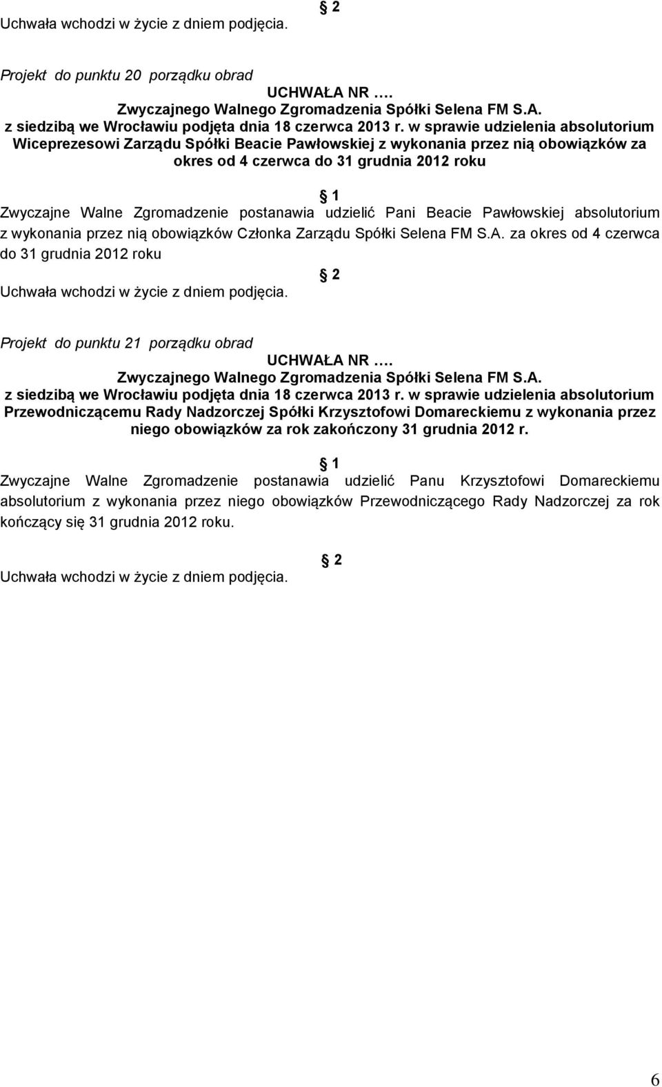 za okres od 4 czerwca do 31 grudnia 2012 roku w sprawie udzielenia absolutorium Przewodniczącemu Rady Nadzorczej Spółki Krzysztofowi Domareckiemu z wykonania przez niego obowiązków za rok