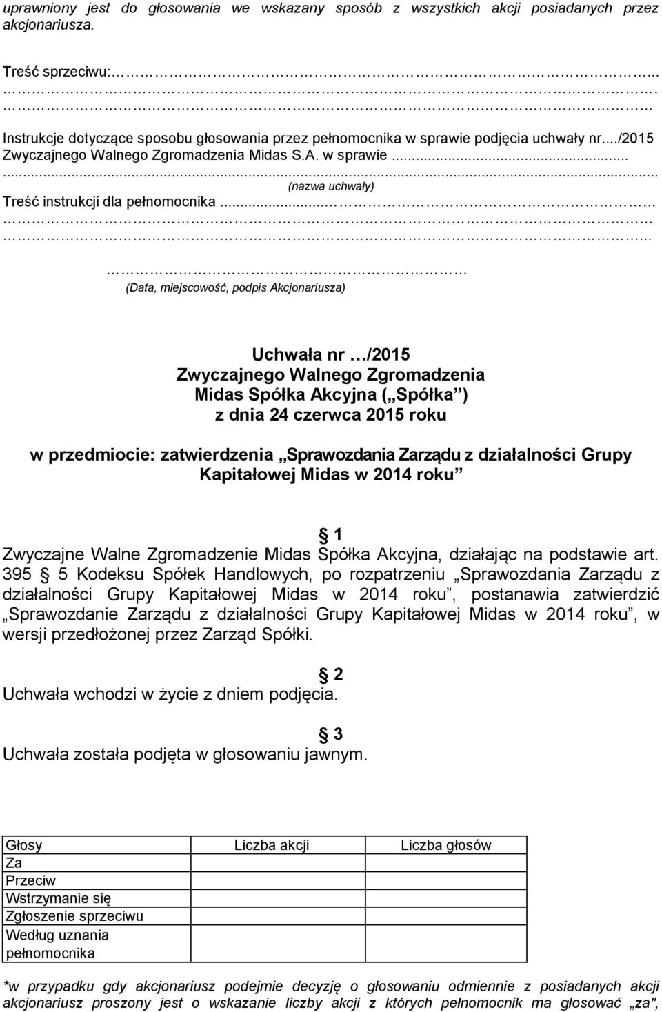 po rozpatrzeniu Sprawozdania rządu z działalności Grupy Kapitałowej Midas w 2014 roku, postanawia zatwierdzić Sprawozdanie rządu z