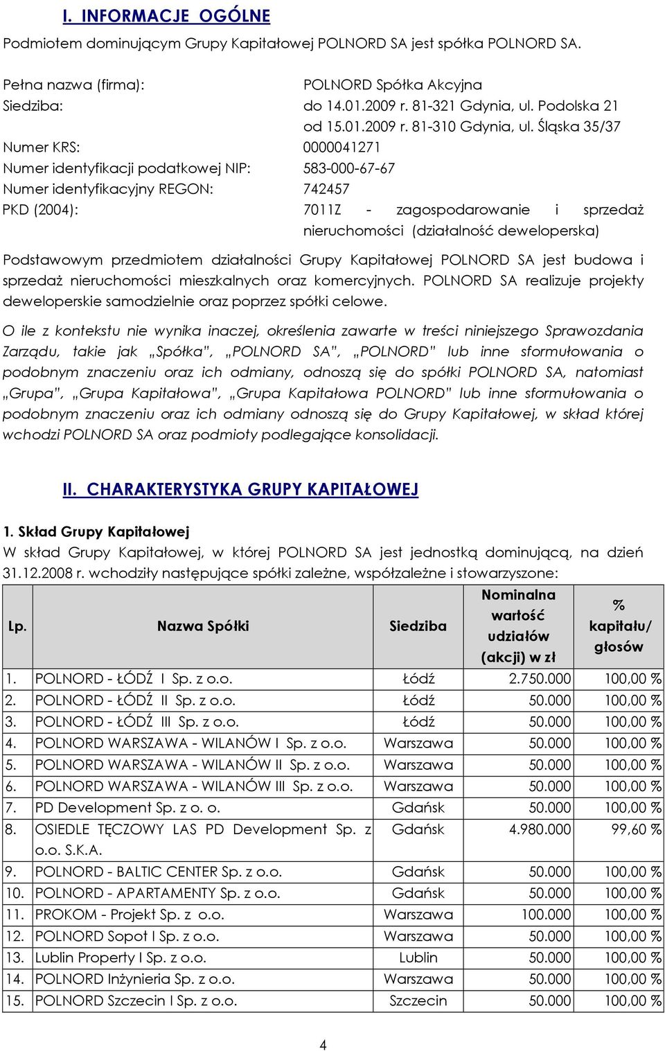 Śląska 35/37 Numer KRS: 0000041271 Numer identyfikacji podatkowej NIP: 583-000-67-67 Numer identyfikacyjny REGON: 742457 PKD (2004): 7011Z - zagospodarowanie i sprzedaŝ nieruchomości (działalność