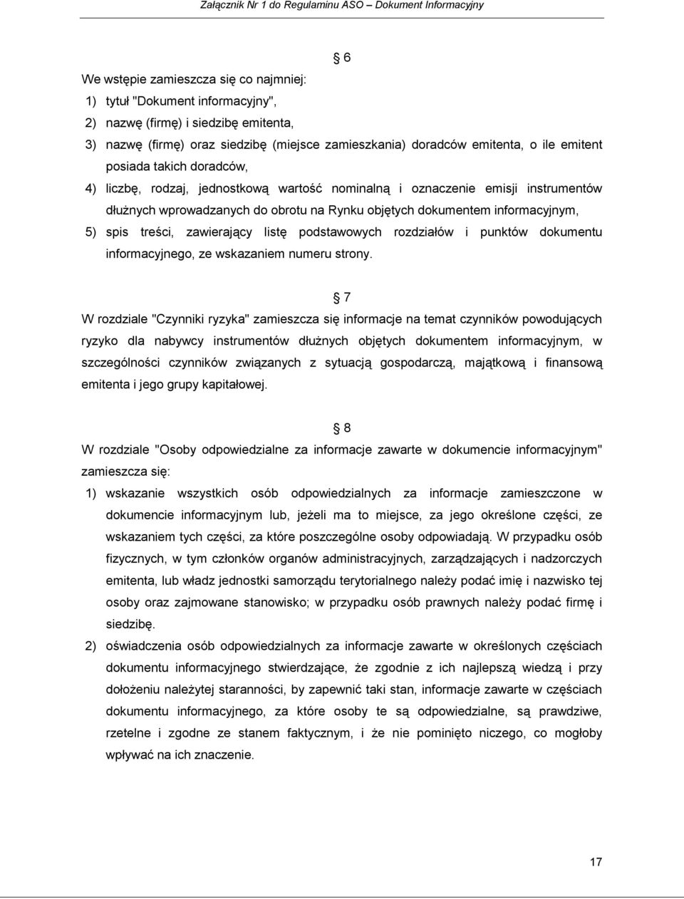 Rynku objętych dokumentem informacyjnym, 5) spis treści, zawierający listę podstawowych rozdziałów i punktów dokumentu informacyjnego, ze wskazaniem numeru strony.