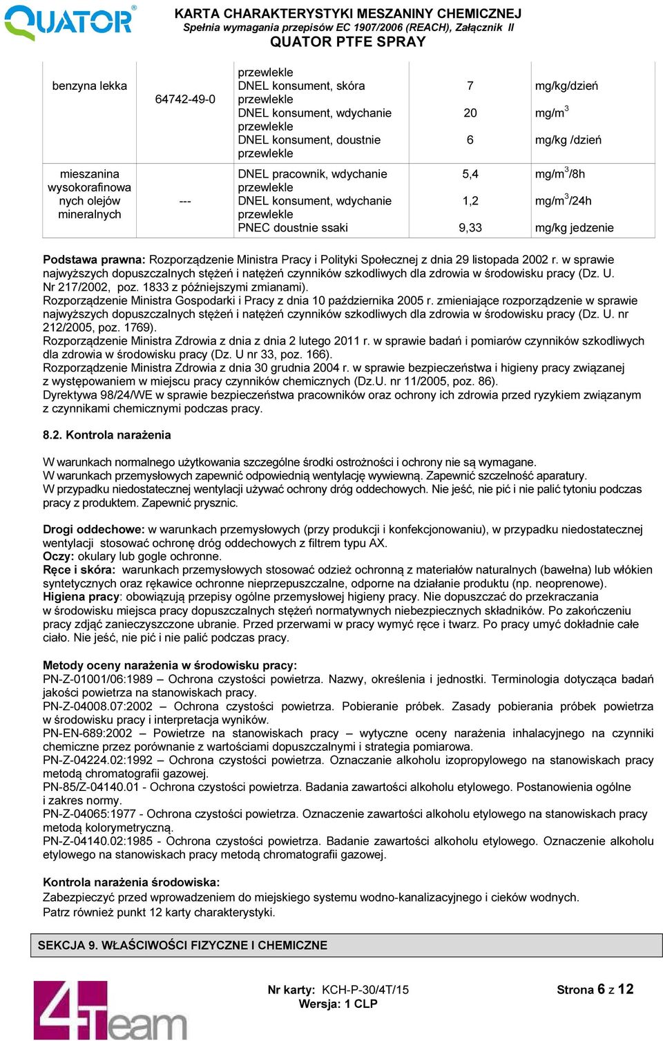 listopada 2002 r. w sprawie najwyższych dopuszczalnych stężeń i natężeń czynników szkodliwych dla zdrowia w środowisku pracy (Dz. U. Nr 217/2002, poz. 1833 z późniejszymi zmianami).