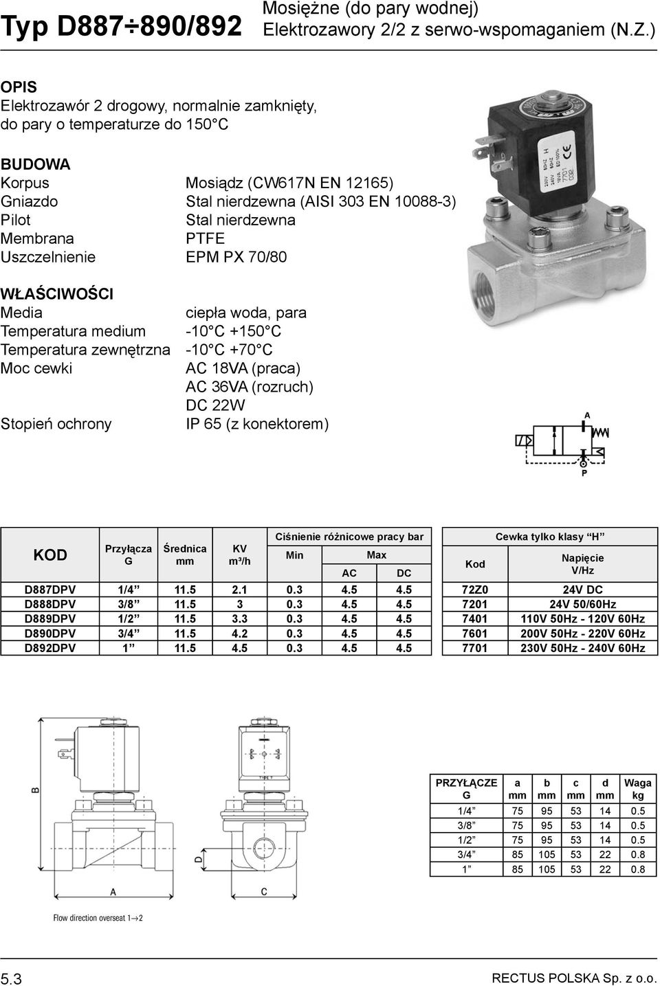 C 18VA (pr) 36VA (rozruh) 22W Ciśnienie różniowe pry r Mx Cewk tylko klsy H Npięie D887DPV 1/4 11.5 2.1 0.3 4.5 4.5 72Z0 24V D888DPV 3/8 11.5 3 0.3 4.5 4.5 7201 24V 50/60Hz D889DPV 1/2 11.