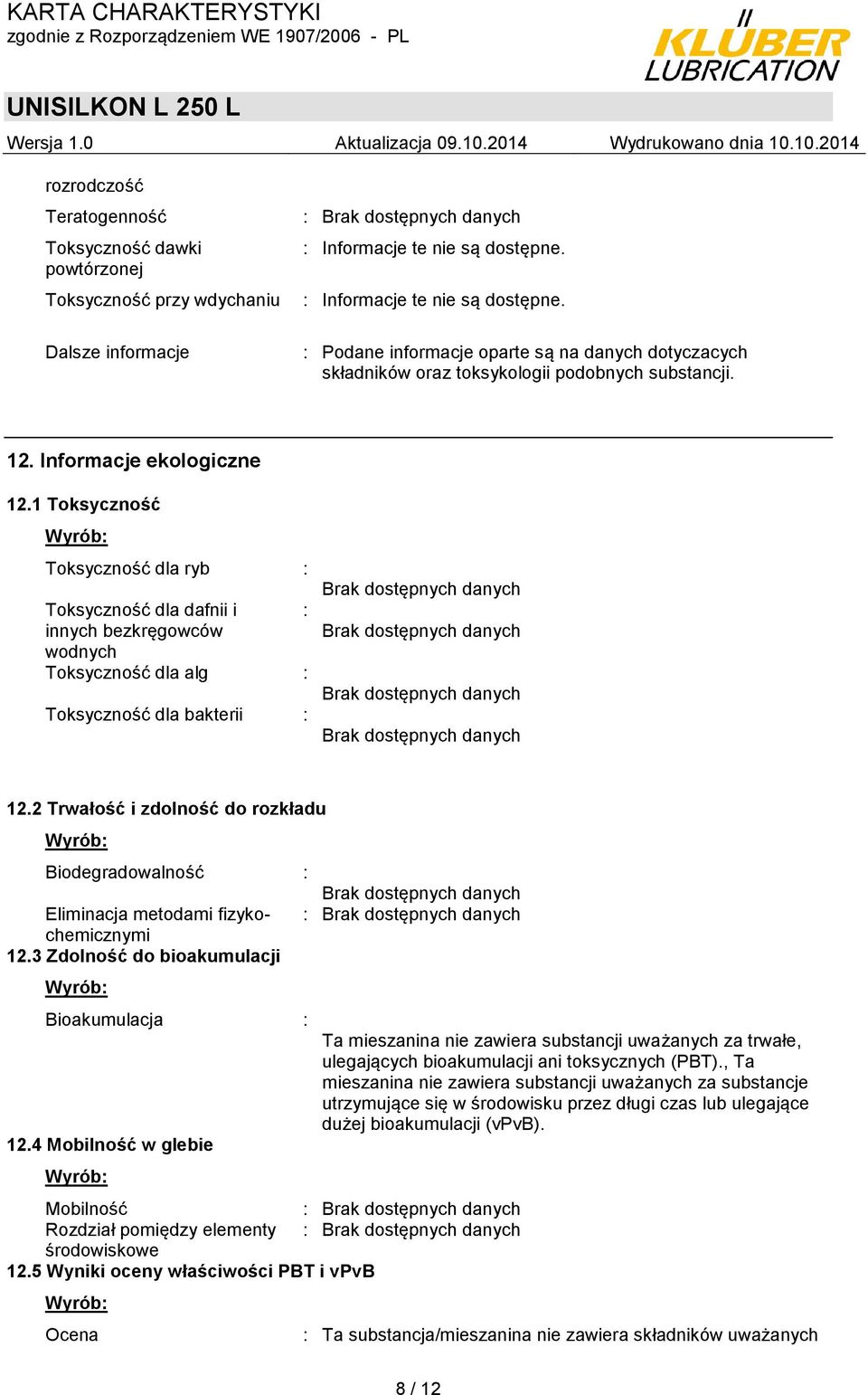 1 Toksyczność Wyrób: Toksyczność dla ryb : Toksyczność dla dafnii i : innych bezkręgowców wodnych Toksyczność dla alg : Toksyczność dla bakterii : Brak dostępnych danych Brak dostępnych danych Brak
