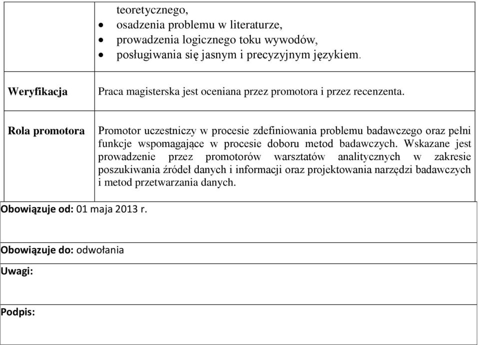 Rola promotora Promotor uczestniczy w procesie zdefiniowania problemu badawczego oraz pełni funkcje wspomagające w procesie doboru metod badawczych.