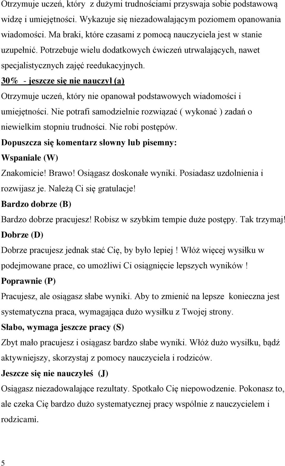 30% - jeszcze się nie nauczył (a) Otrzymuje uczeń, który nie opanował podstawowych wiadomości i umiejętności. Nie potrafi samodzielnie rozwiązać ( wykonać ) zadań o niewielkim stopniu trudności.