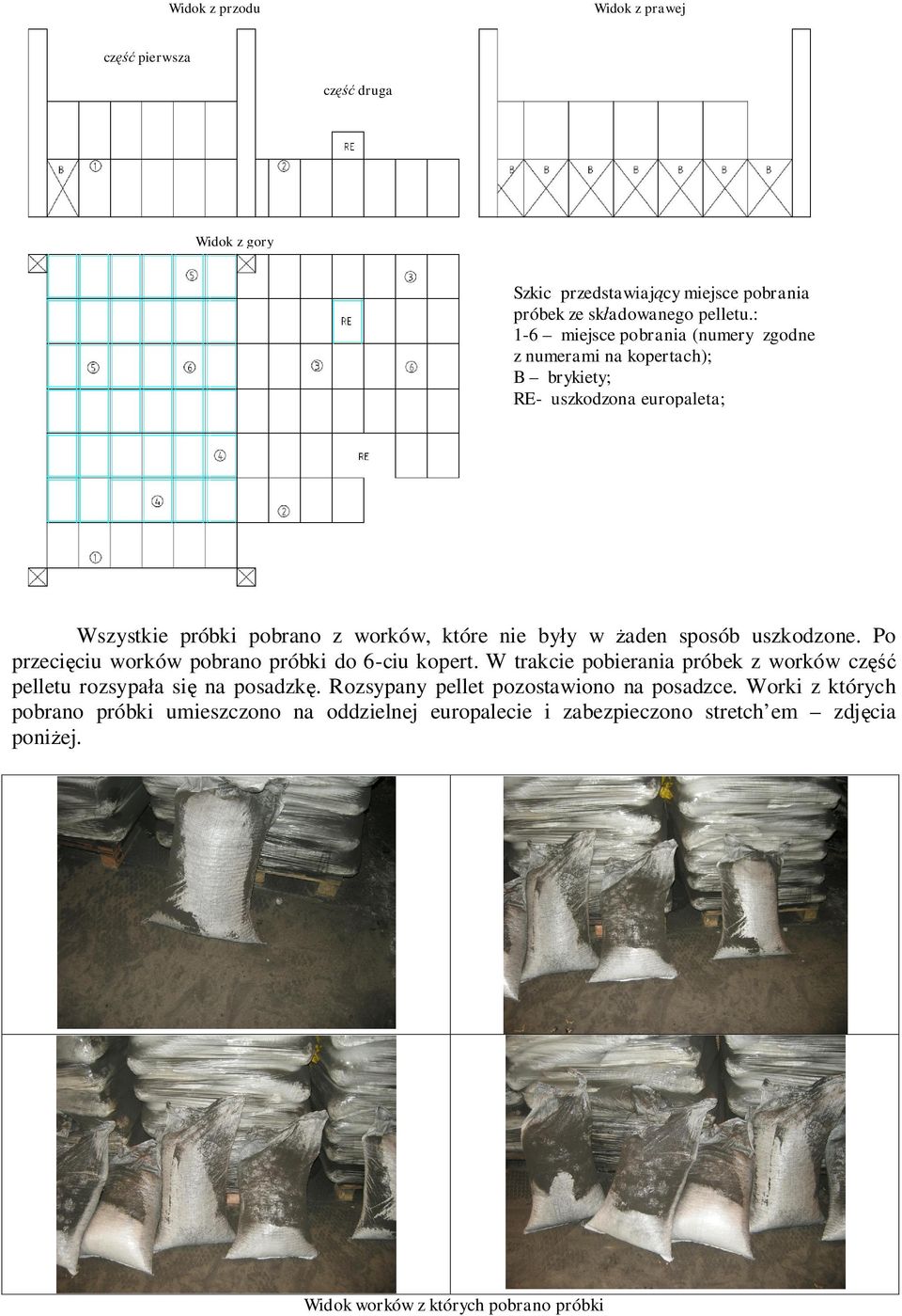 aden sposób uszkodzone. Po przeci ciu worków pobrano próbki do 6-ciu kopert. W trakcie pobierania próbek z worków cz pelletu rozsypa a si na posadzk.