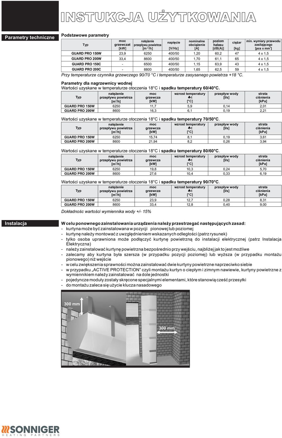 Parametry dla nagrzewnicy wodnej Wartości uzyskane w temperaturze otoczenia 18 C i spadku temperatury 60/40 C.