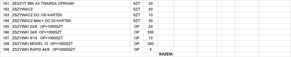 OP 20 166 ZSZYWKI 24/6 OP=1000SZT OP 500 167 ZSZYWKI 9/14 OP=1000SZT OP 10 168