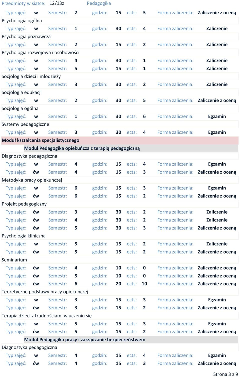 zaliczenia: Zaliczenie w Semestr: 5 godzin: 15 ects: 1 Forma zaliczenia: Zaliczenie w Semestr: 3 godzin: 30 ects: 2 Forma zaliczenia: Zaliczenie w Semestr: 2 godzin: 30 ects: 5 Forma zaliczenia: