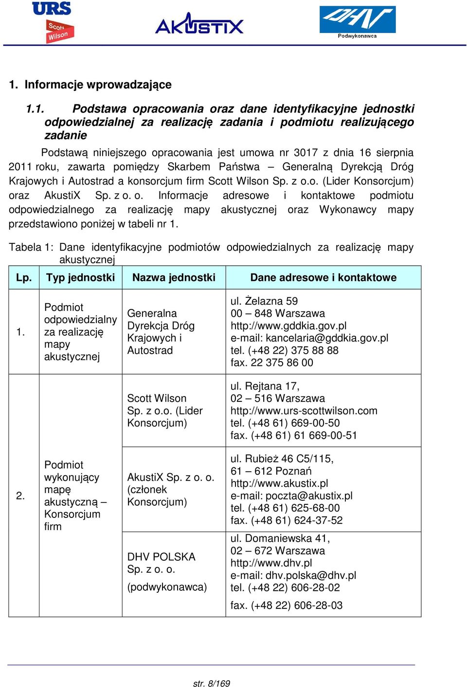 z o. o. Informacje adresowe i kontaktowe podmiotu odpowiedzialnego za realizację mapy akustycznej oraz Wykonawcy mapy przedstawiono poniżej w tabeli nr 1.