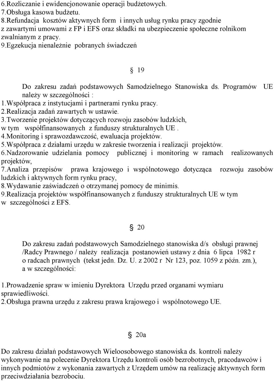 Egzekucja nienależnie pobranych świadczeń 19 Do zakresu zadań podstawowych Samodzielnego Stanowiska ds. Programów UE należy w szczególności : 1.Współpraca z instytucjami i partnerami rynku pracy. 2.