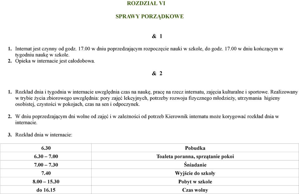 Realizowany w trybie życia zbiorowego uwzględnia: pory zajęć lekcyjnych, potrzeby rozwoju fizycznego młodzieży, utrzymania higieny osobistej, czystości w pokojach, czas na sen i odpoczynek. 2.