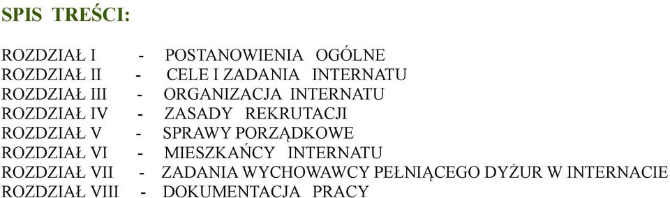 ROZDZIAŁ V - SPRAWY PORZĄDKOWE ROZDZIAŁ VI - MIESZKAŃCY INTERNATU ROZDZIAŁ VII