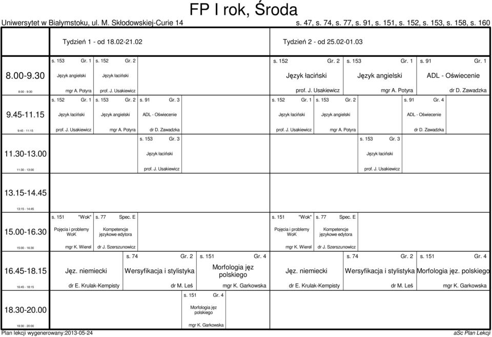 Zawadzka prof. J. Usakiewicz mgr A. Potyra dr D. Zawadzka s. 153 Gr. 3 Język łaciński s. 153 Gr. 3 Język łaciński prof. J. Usakiewicz prof. J. Usakiewicz s. 151 "Wok" s. 77 Spec.