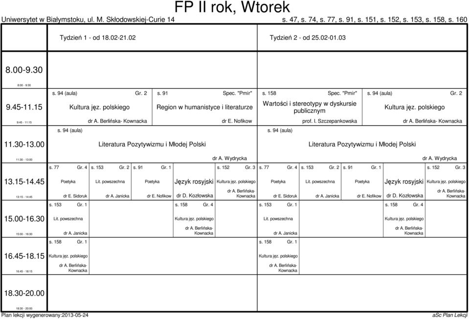 Berlińska- Kownacka s. 94 (aula) s. 94 (aula) Literatura Pozytywizmu i Młodej Polski Literatura Pozytywizmu i Młodej Polski dr A. Wydrycka dr A. Wydrycka s. 77 Gr. 4 s. 153 Gr. 2 s. 91 Gr. 1 s.