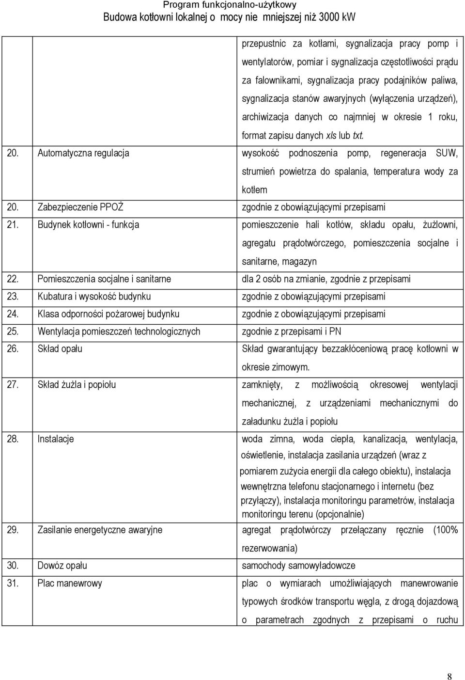 Automatyczna regulacja wysokość podnoszenia pomp, regeneracja SUW, strumień powietrza do spalania, temperatura wody za kotłem 20. Zabezpieczenie PPOŻ zgodnie z obowiązującymi przepisami 21.