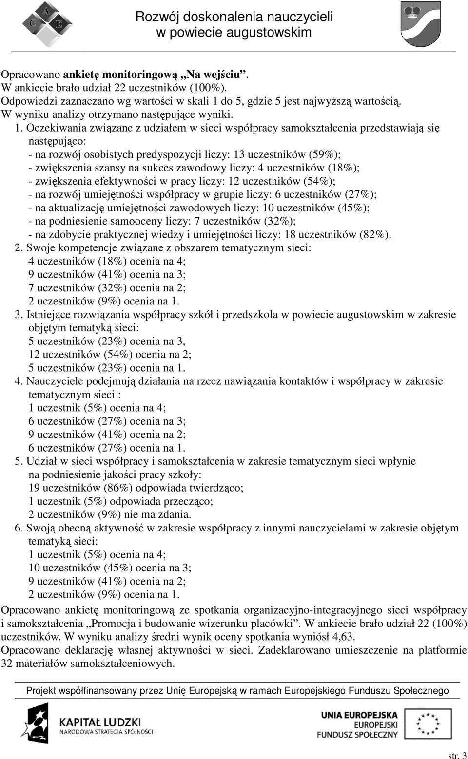 Oczekiwania związane z udziałem w sieci współpracy samokształcenia przedstawiają się następująco: - na rozwój osobistych predyspozycji liczy: 13 uczestników (59%); - zwiększenia szansy na sukces