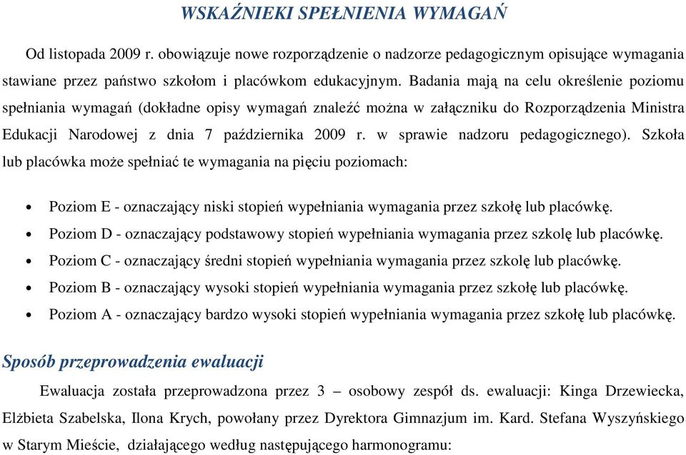 w sprawie nadzoru pedagogicznego). Szkoła lub placówka może spełniać te wymagania na pięciu poziomach: Poziom E - oznaczający niski stopień wypełniania wymagania przez szkołę lub placówkę.