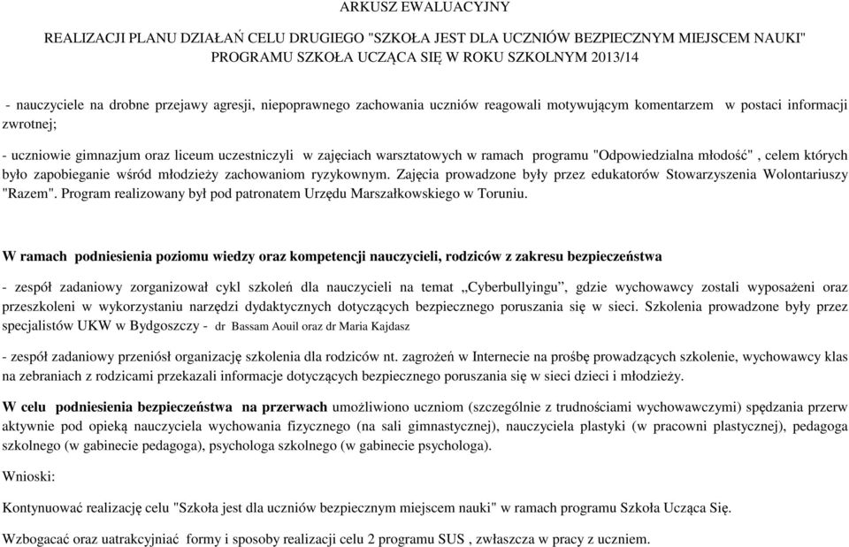 których było pobegane wśród młodzeży chowanom ryzykownym. Zajęca prowadzone były przez edukatorów Stowarzyszena Wolontaruszy "azem".