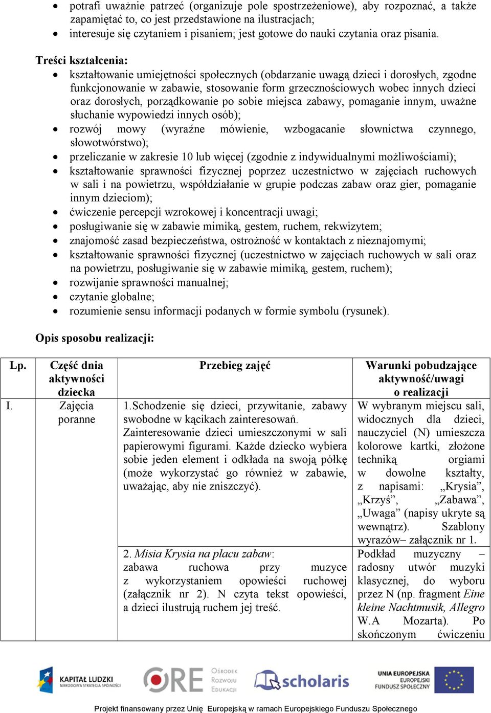 Treści kształcenia: kształtowanie umiejętności społecznych (obdarzanie uwagą dzieci i dorosłych, zgodne funkcjonowanie w zabawie, stosowanie form grzecznościowych wobec innych dzieci oraz dorosłych,