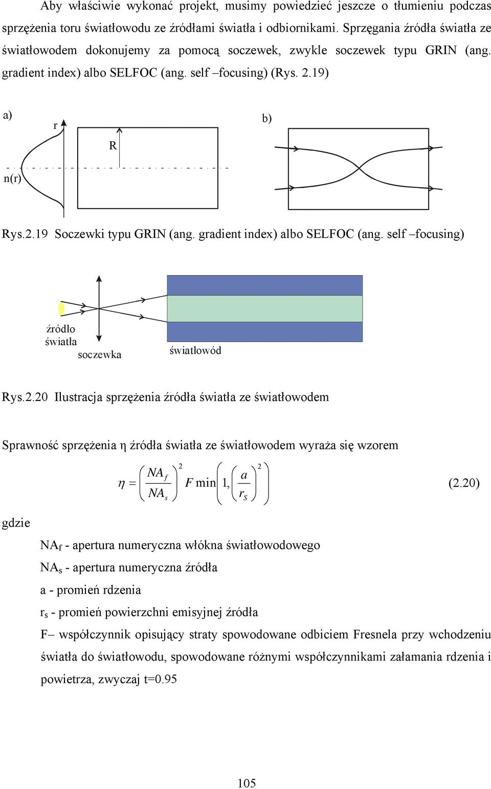 gradient index) albo SELFOC (ang. self focusing) źródło światła soczewka światłowód Rys.2.