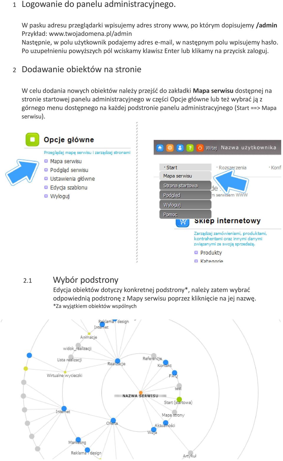 2 Dodawanie obiektów na stronie W celu dodania nowych obiektów należy przejść do zakładki Mapa serwisu dostępnej na stronie startowej panelu administracyjnego w części Opcje główne lub też wybrać ją