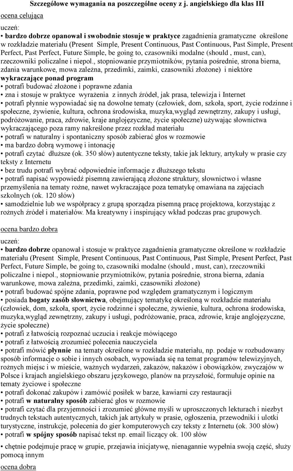 Simple, Present Perfect, Past Perfect, Future Simple, be going to, czasowniki modalne (should, must, can), rzeczowniki policzalne i niepol.