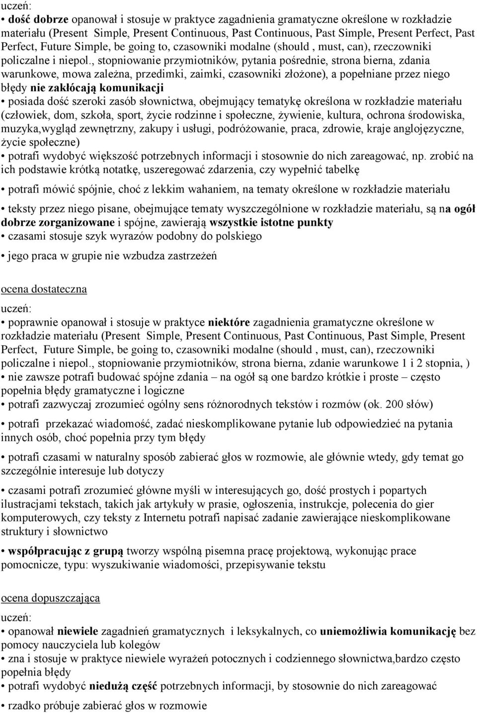 , stopniowanie przymiotników, pytania pośrednie, strona bierna, zdania warunkowe, mowa zależna, przedimki, zaimki, czasowniki złożone), a popełniane przez niego błędy nie zakłócają komunikacji