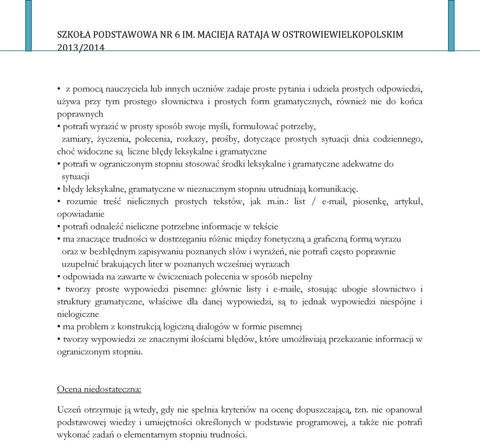 gramatyczne potrafi w ograniczonym stopniu stosować środki leksykalne i gramatyczne adekwatne do sytuacji błędy leksykalne, gramatyczne w nieznacznym stopniu utrudniają komunikację.