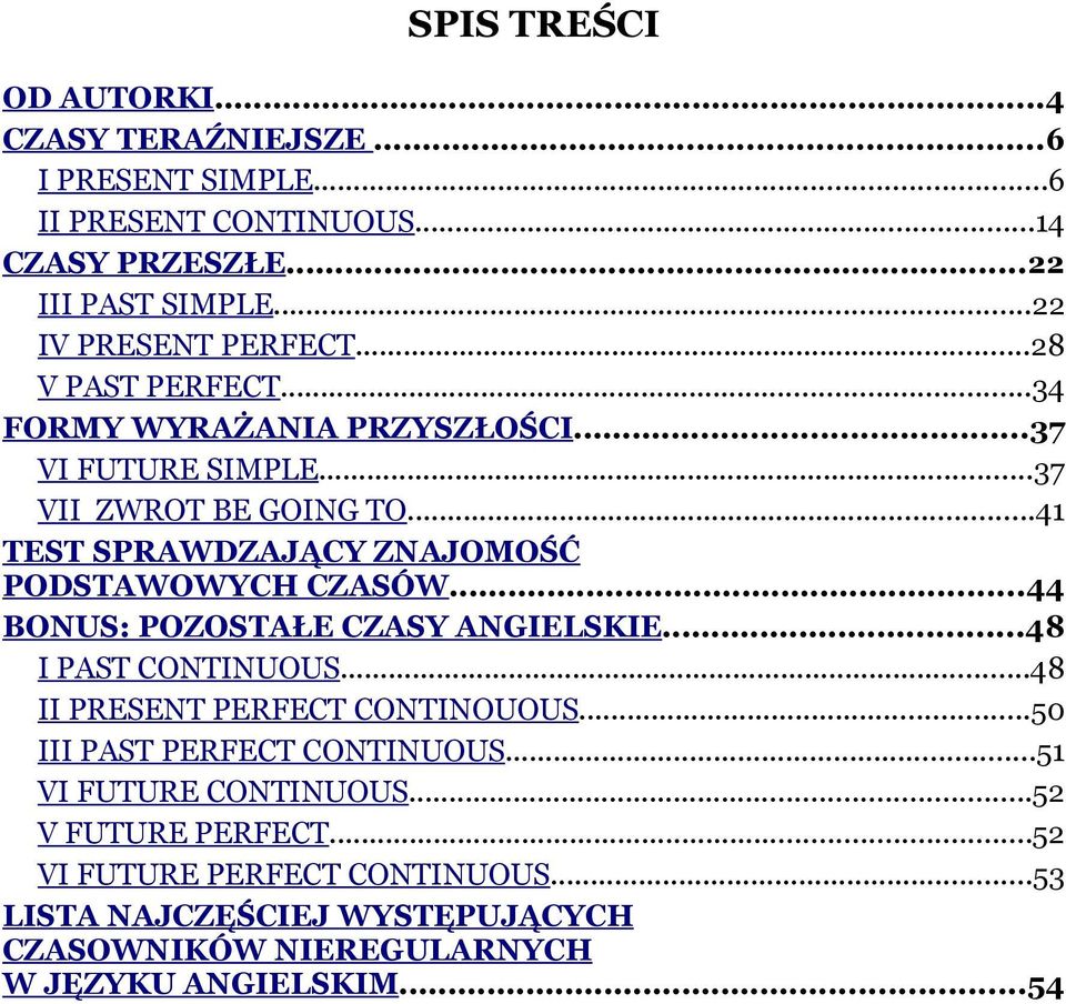 ..41 TEST SPRAWDZAJĄCY ZNAJOMOŚĆ PODSTAWOWYCH CZASÓW...44 BONUS: POZOSTAŁE CZASY ANGIELSKIE...48 I PAST CONTINUOUS...48 II PRESENT PERFECT CONTINOUOUS.