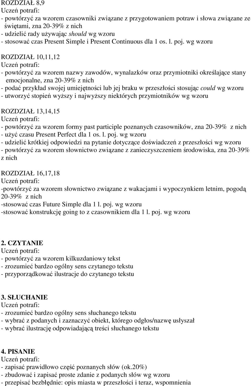 wg wzoru ROZDZIAŁ 10,11,12 - powtórzyć za wzorem nazwy zawodów, wynalazków oraz przymiotniki określające stany emocjonalne, zna 20-39% z nich - podać przykład swojej umiejętności lub jej braku w