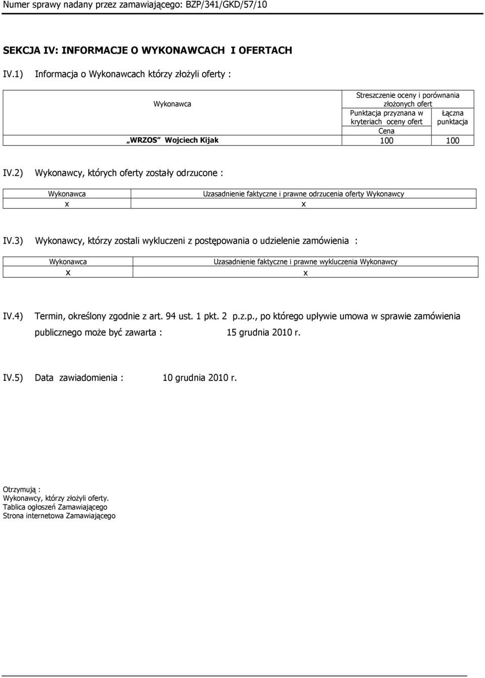 2) Wykonawcy, których oferty zostały odrzucone : Uzasadnienie faktyczne i prawne odrzucenia oferty Wykonawcy IV.