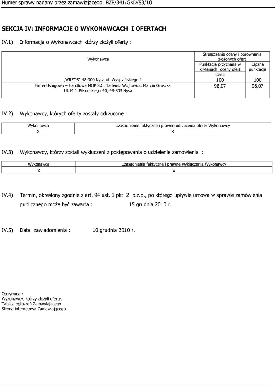 Wyspiańskiego 1 100 100 Firma Usługowo Handlowa MOP S.C. Tadeusz Wojtowicz, Marcin Gruszka Ul. M.J. Piłsudskiego 40, 48-303 Nysa 98,07 98,07 IV.