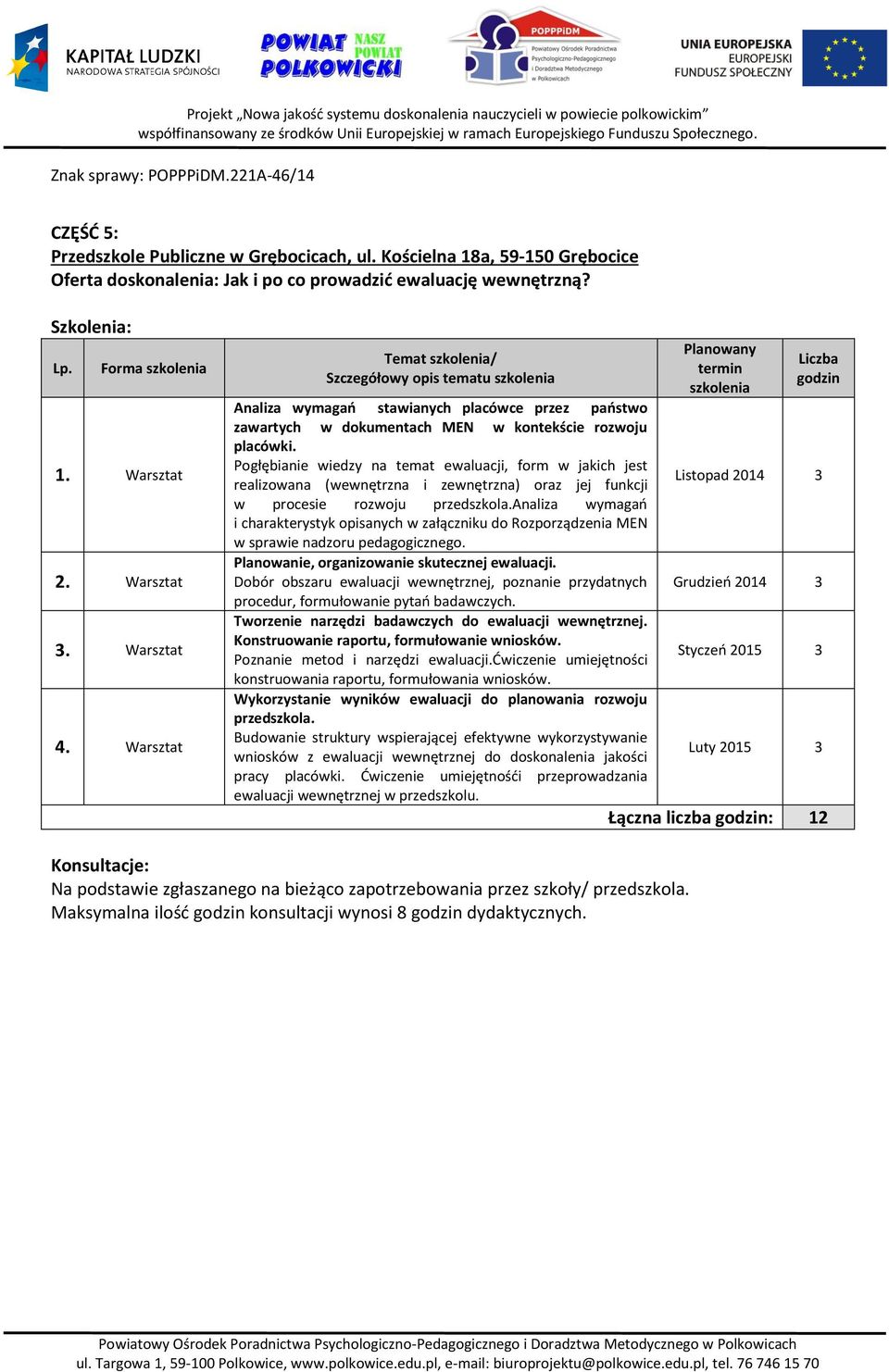 Pogłębianie wiedzy na temat ewaluacji, form w jakich jest realizowana (wewnętrzna i zewnętrzna) oraz jej funkcji w procesie rozwoju przedszkola.