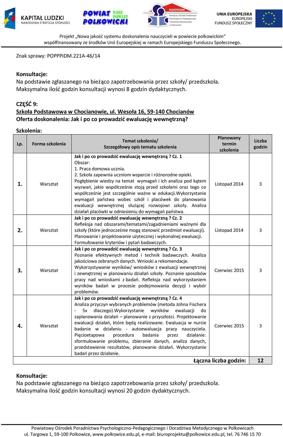 Warsztat 4. Warsztat Temat szkolenia/ Szczegółowy opis tematu szkolenia Jak i po co prowadzić ewaluację wewnętrzną? Cz. 1 Obszar: 1. Praca domowa ucznia. 2.