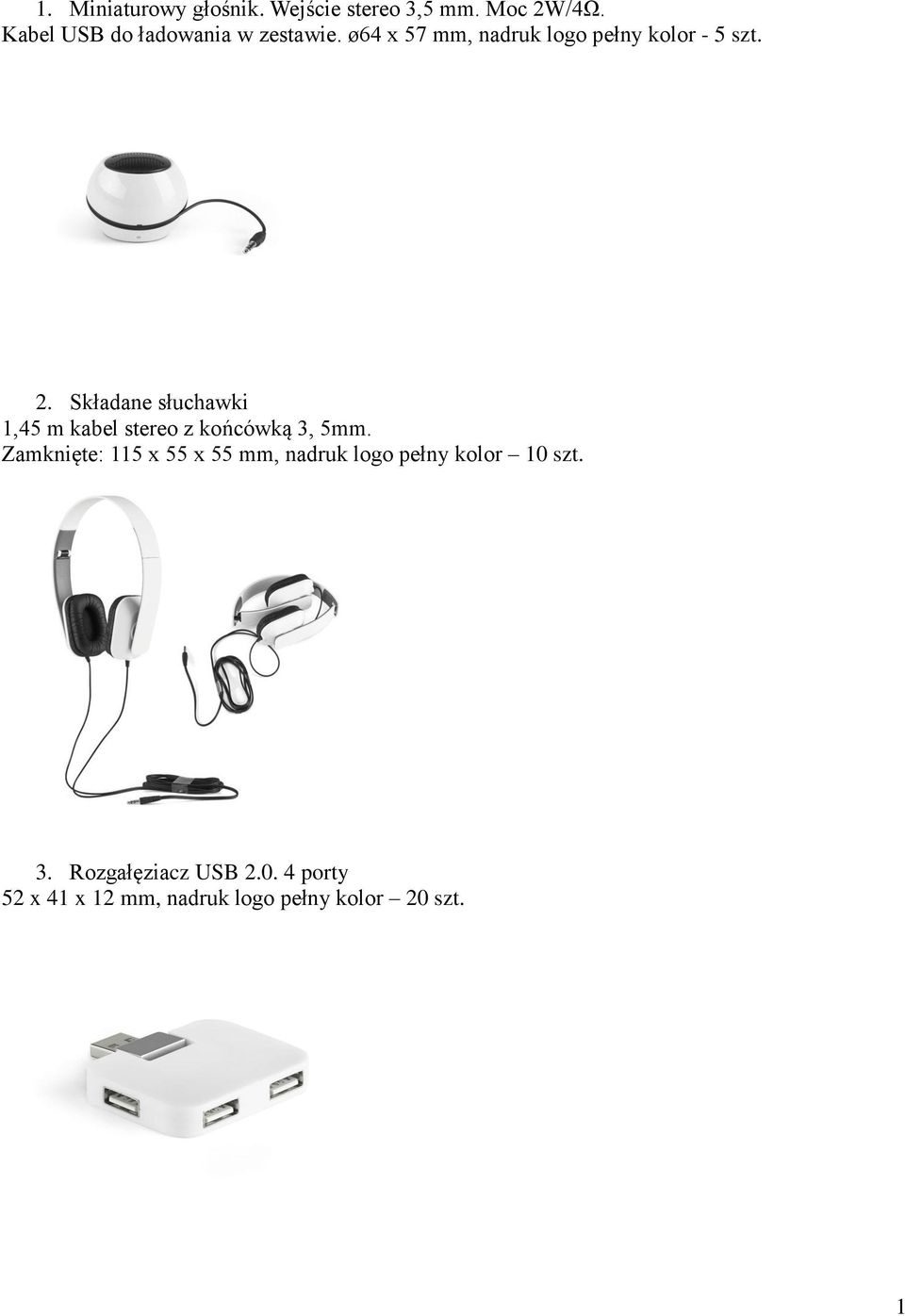 Składane słuchawki 1,45 m kabel stereo z końcówką 3, 5mm.