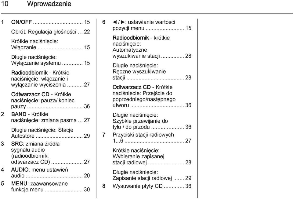 .. 27 Długie naciśnięcie: Stacje Autostore... 29 3 SRC: zmiana źródła sygnału audio (radioodbiornik, odtwarzacz CD)...27 4 AUDIO: menu ustawień audio... 20 5 MENU: zaawansowane funkcje menu.