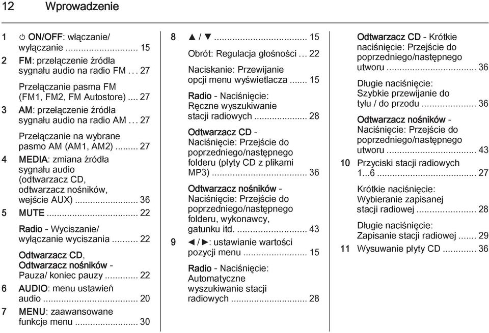 .. 36 5 MUTE... 22 Radio - Wyciszanie/ wyłączanie wyciszania... 22 Odtwarzacz CD, Odtwarzacz nośników - Pauza/ koniec pauzy... 22 6 AUDIO: menu ustawień audio... 20 7 MENU: zaawansowane funkcje menu.