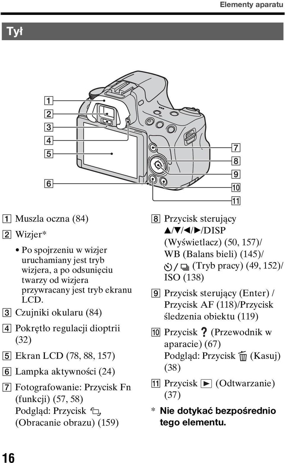 (Obracanie obrazu) (159) H Przycisk sterujący v/v/b/b/disp (Wyświetlacz) (50, 157)/ WB (Balans bieli) (145)/ (Tryb pracy) (49, 152)/ ISO (138) I Przycisk sterujący (Enter) /