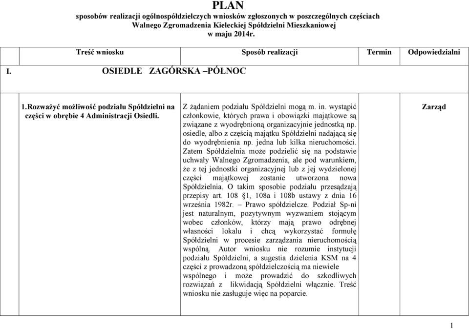 Z żądaniem podziału Spółdzielni mogą m. in. wystąpić członkowie, których prawa i obowiązki majątkowe są związane z wyodrębnioną organizacyjnie jednostką np.