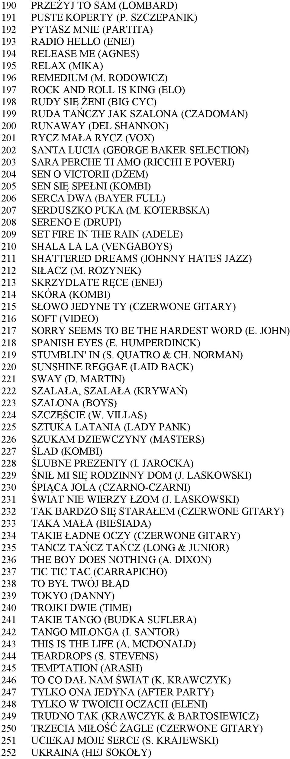 RODOWICZ) ROCK AND ROLL IS KING (ELO) RUDY SIĘ ŻENI (BIG CYC) RUDA TAŃCZY JAK SZALONA (CZADOMAN) RUNAWAY (DEL SHANNON) RYCZ MAŁA RYCZ (VOX) SANTA LUCIA (GEORGE BAKER SELECTION) SARA PERCHE TI AMO