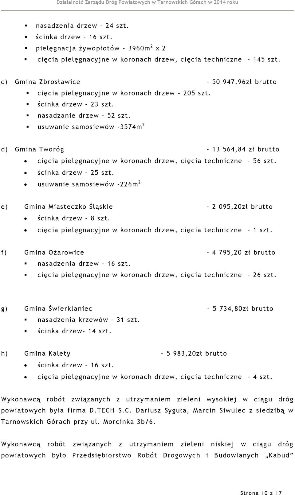 usuwanie samosiewów -3574m 2 d) Gmina Tworóg 13 564,84 zł brutto cięcia pielęgnacyjne w koronach drzew, cięcia techniczne 56 szt. ścinka drzew 25 szt.