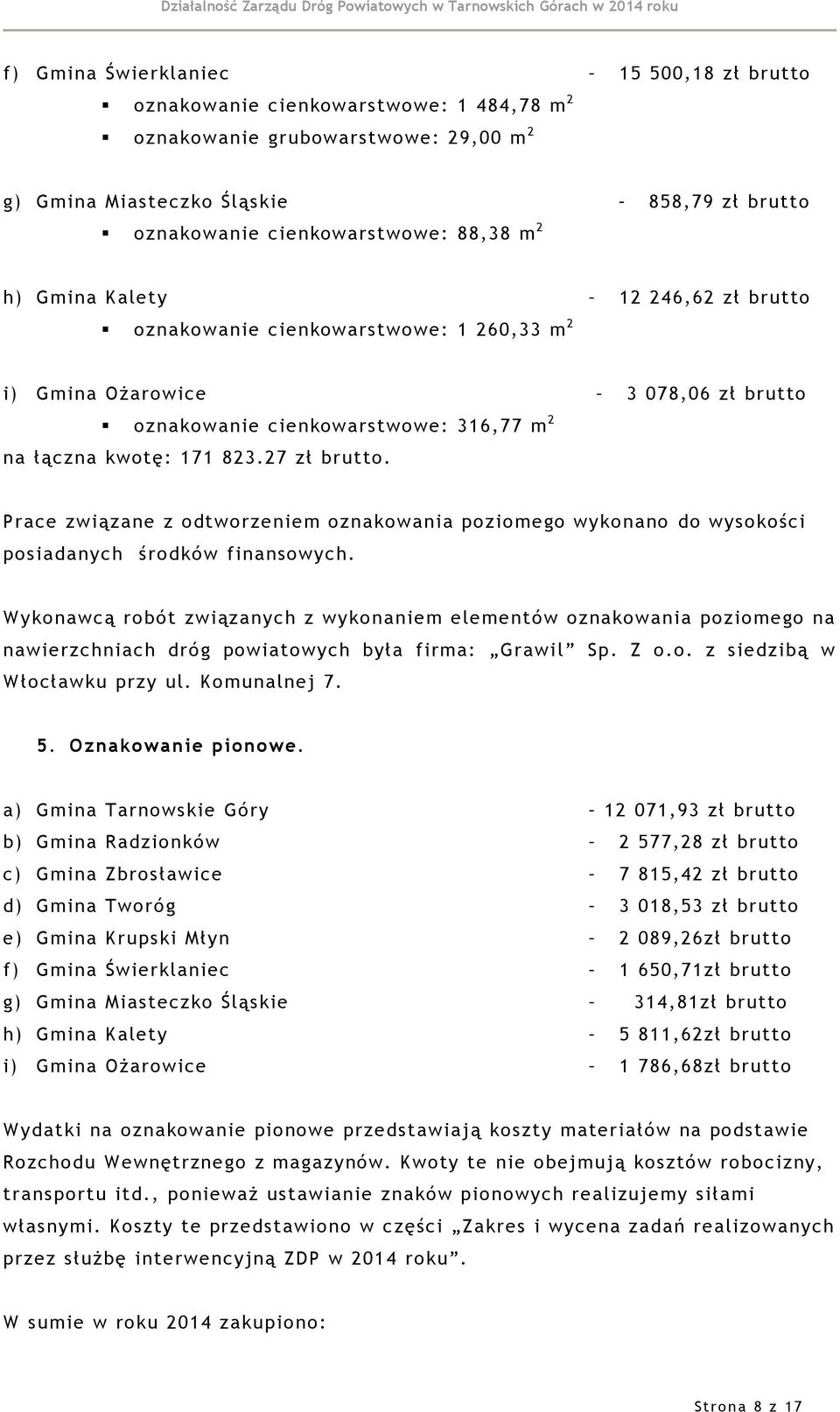 27 zł brutto. Prace związane z odtworzeniem oznakowania poziomego wykonano do wysokości posiadanych środków finansowych.