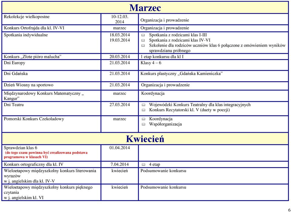 03. Konkurs plastyczny Gdańska Kamieniczka Dzień Wiosny na sportowo 21.03. Organizacja i prowadzenie Międzynarodowy Konkurs Matematyczny marzec Koordynacja Kangur Dni Teatru 27.03. Wojewódzki Konkurs Teatralny dla klas integracyjnych Konkurs Recytatorski kl.