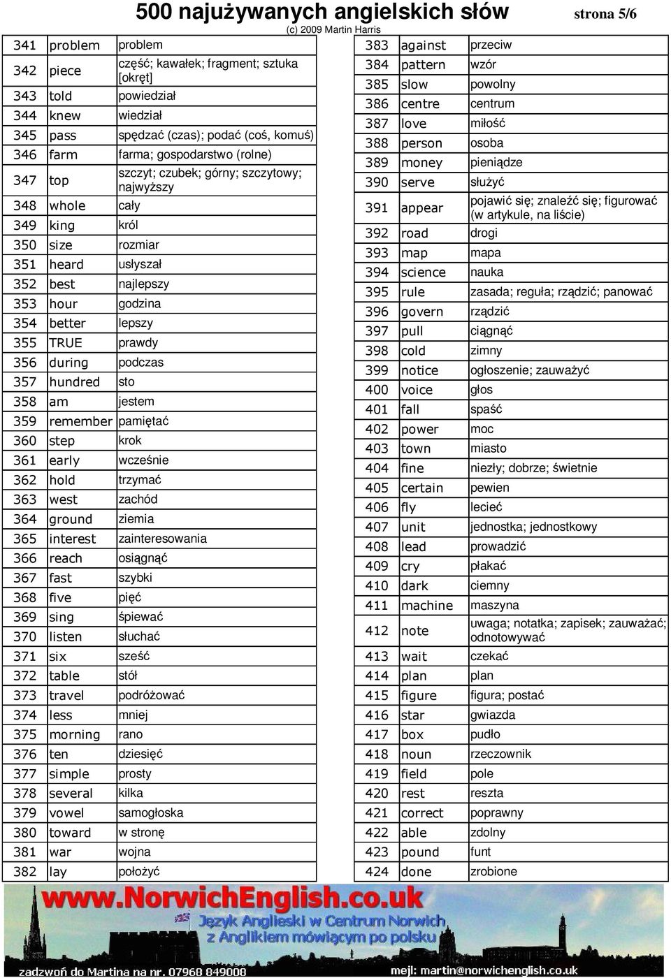 pamiętać 360 step krok 361 early wcześnie 362 hold trzymać 363 west zachód 364 ground ziemia 365 interest zainteresowania 366 reach osiągnąć 367 fast szybki 368 five pięć 369 sing śpiewać 370 listen